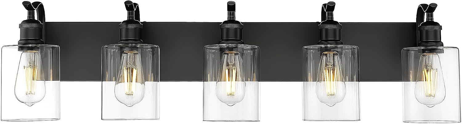 5 Light Bathroom Vanity Light, Black Light Fixture Morden Bathroom Lighting Fixtures Over Mirror Black Wall Sconces with Clear Glass Shade ZCVL01BK-5