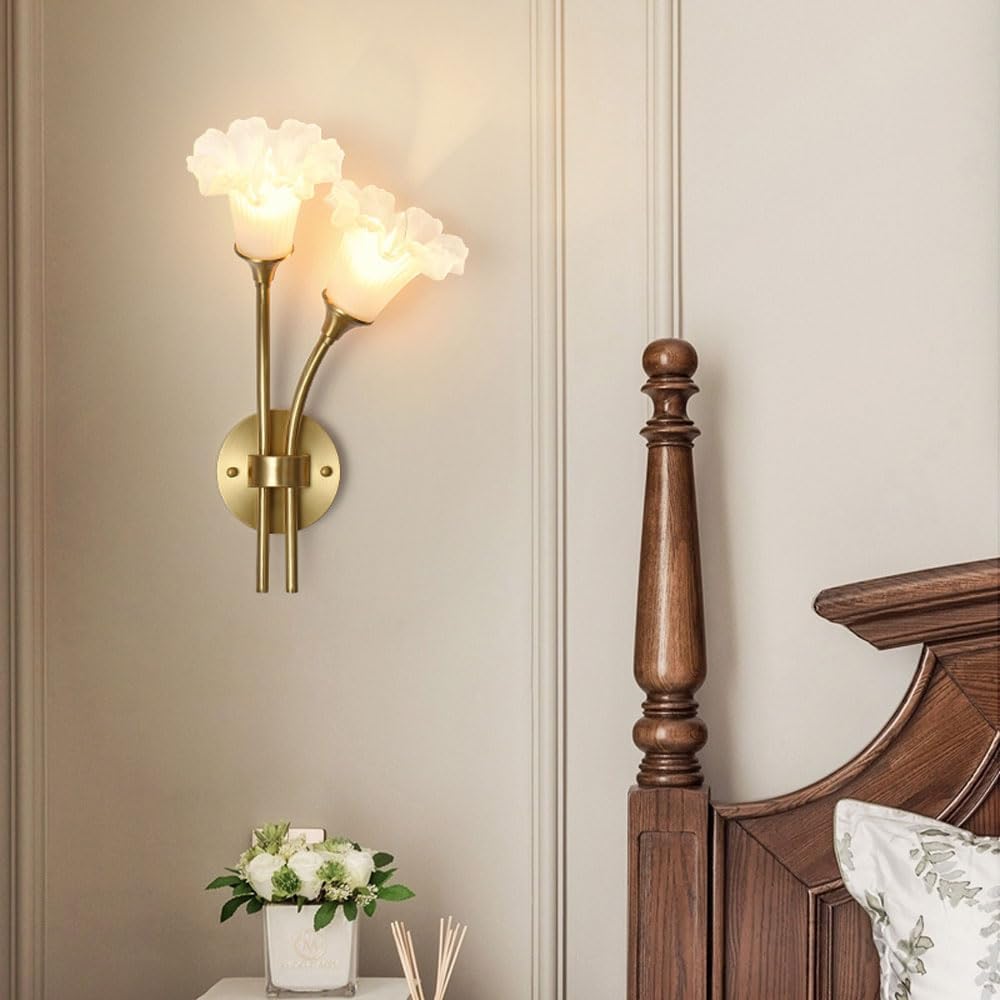 Elegant Brass Wall Light Fixture French Flower Glass Wall Sconce Luxurious Brushed Brass Bathroom Vanity Lighting, 2-Light Floral Home Decor Lights Fixture for