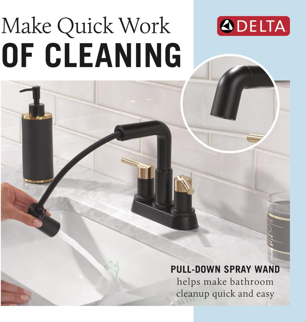 Delta Nicoli Centerset Matte Black/Brushed Gold Bathroom Faucet with Sprayer, 4 Inch 3 Hole Bathroom Sink Faucet with Pull Out Sprayer, Push-Pop Drain, Matte Black/Champagne Bronze 25849LF-GZPD