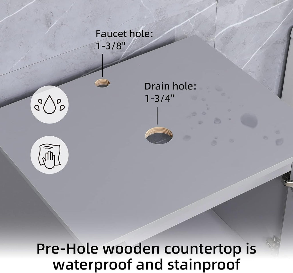 UEV 24' Grey Bathroom Vanity with Ceramic Vessel Sink, ORB Faucet, MDF Vanity with Pop Up Drain and 30% Water-Saving Design, Soft Closing Drawers/Doors,Mirror Not Included (A07)