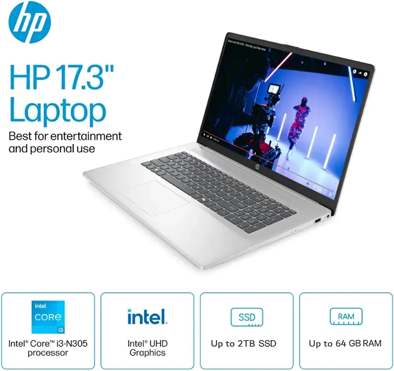 HP 17.3' Laptop for Business and Students 2025 • w/Office & External DVD Drive • HD+ Anti-Glare Display • Intel (8-Core) i3 - N305 • Win 11 Pro • Wi-Fi 6 • Copilot AI • 64GB RAM • 1TB SSD