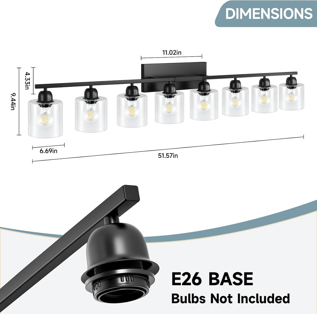 Bath Vanity Lights for Mirror, Restroom Lights Fixtures with Milky White Frosted Glass Shades,Bathroom Over Sink Light Fixtures (Black & Clear Glass, 8-Light)