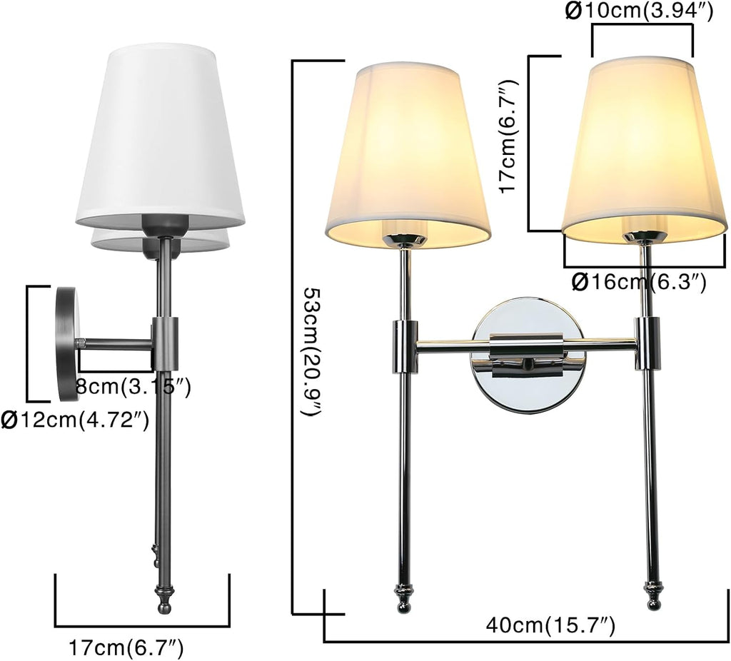 PERMO Classic Double Sconce Chrome 2 Lights Wall Sconce Rustic Wall Mount Lighting Fixture with Flared White Textile Lamp Shade