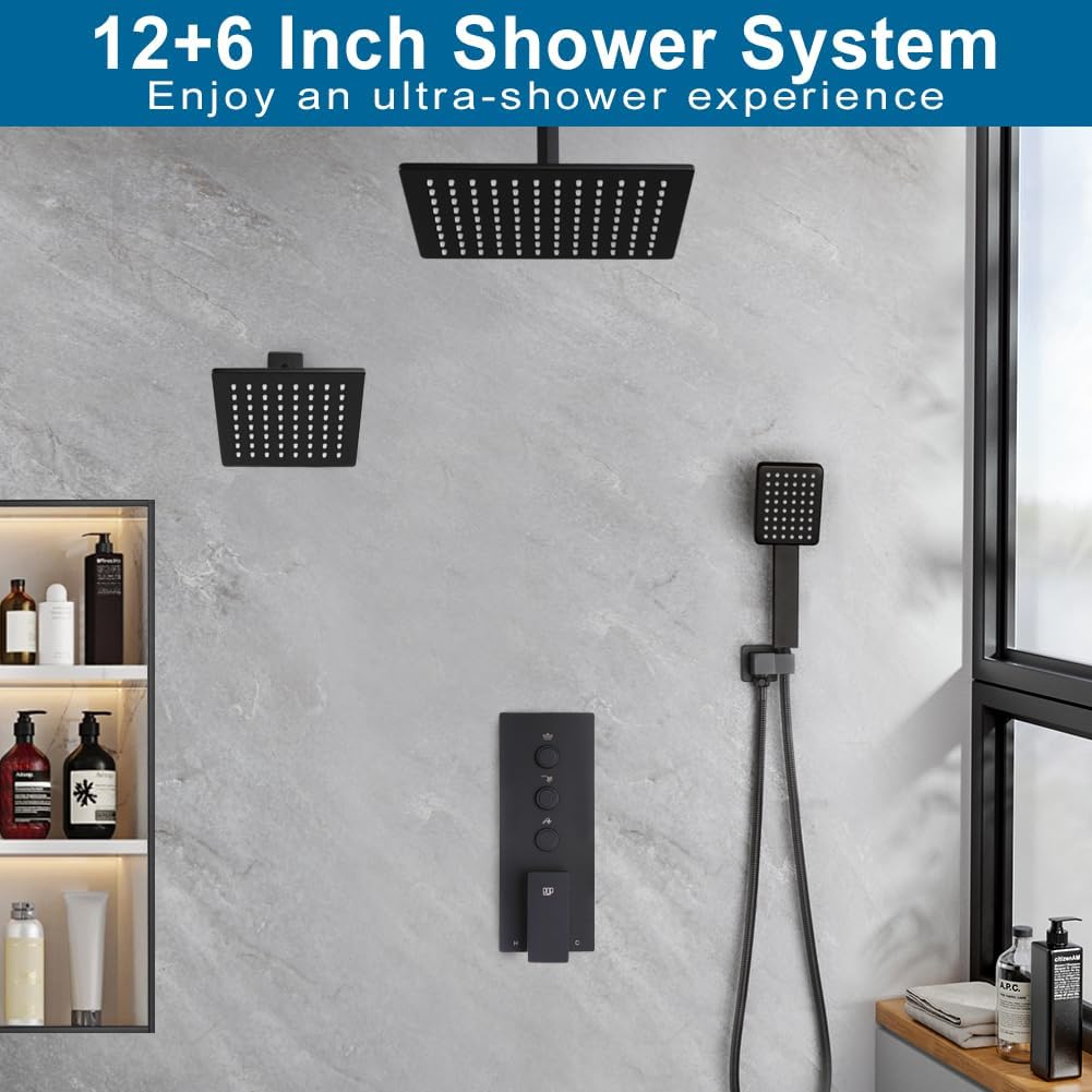 Matte Black Shower Faucet Set Bathroom Rainfall Shower System, 12 Inch Ceiling Mount Shower Head with 6 Inch Wall Mount Shower Head, Include Shower Valve and Trim Kit