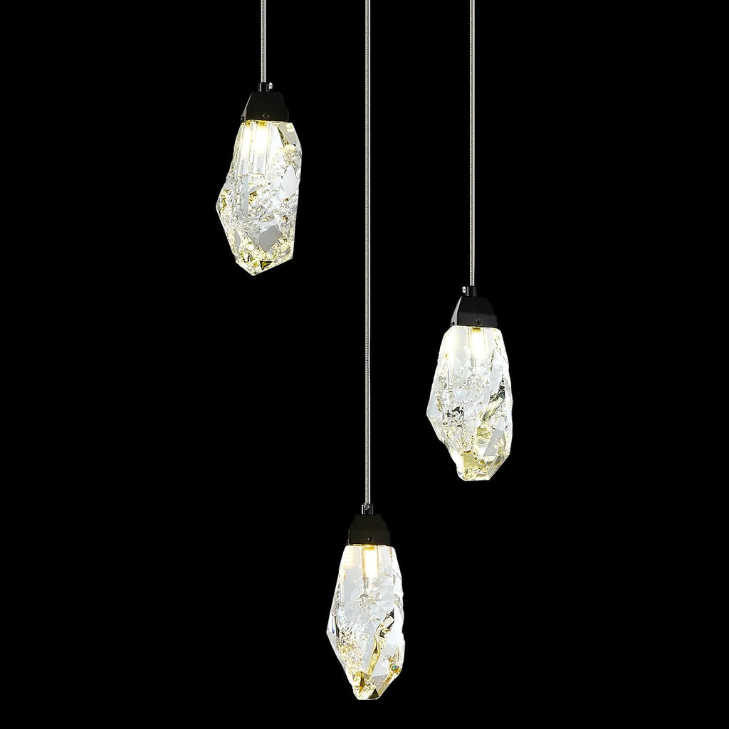 3 Lights Crystal Pendant Light Modern Cluster Chandelier Dimmable Pendant Light Fixture with Black Teardrop Design Stylish Lighting for Kitchen Island, Dining Room, Hallway, Bathroom
