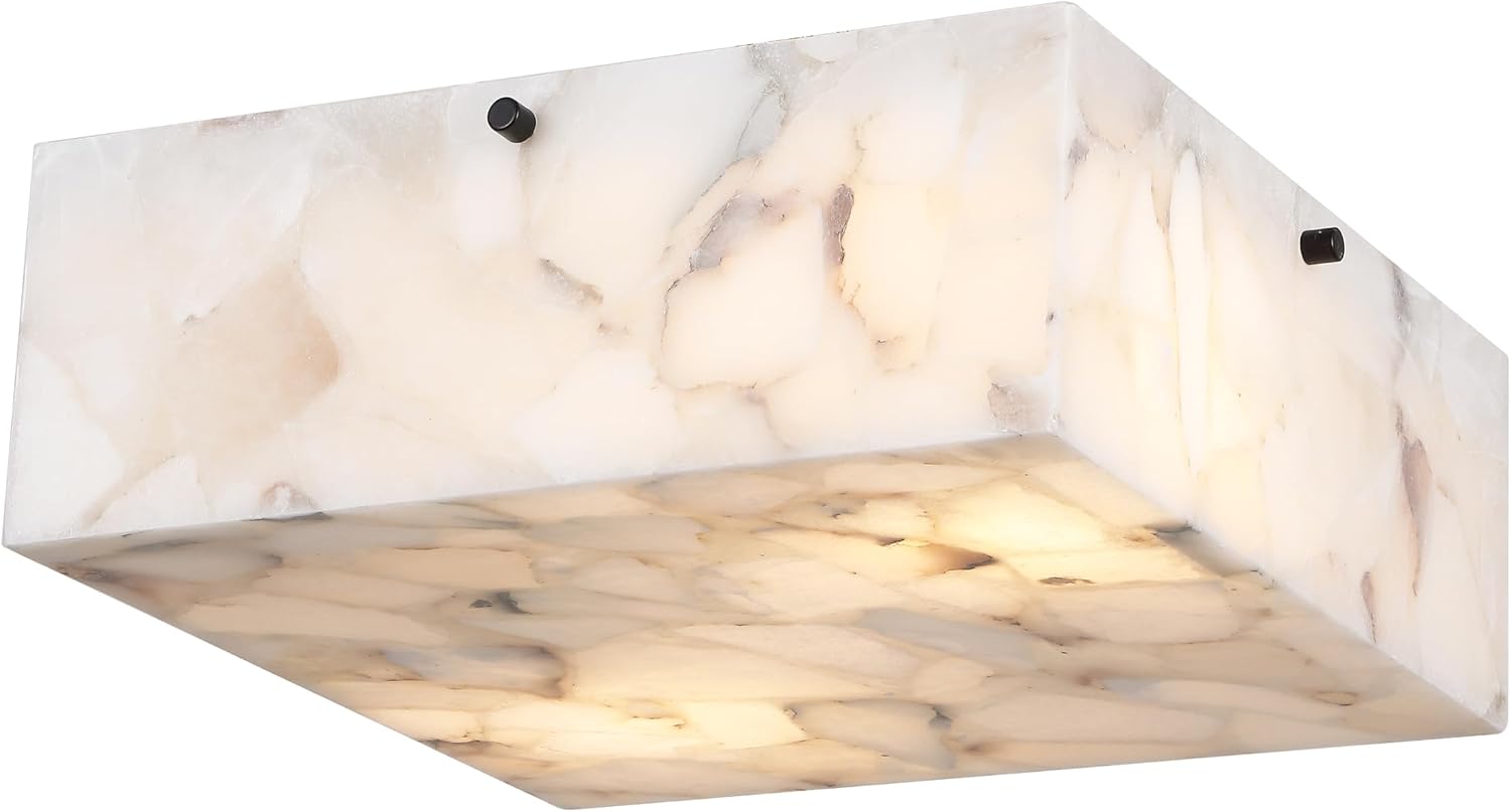 JONATHAN Y 13' White Marbling/Black Square LED Flush Mount Ceiling Light, Modern Decor, White Marble Alabaster Shade, 2-Light Fixture for Bedroom, Hallway, Bathroom, Glam Lighting (JYL1201B)