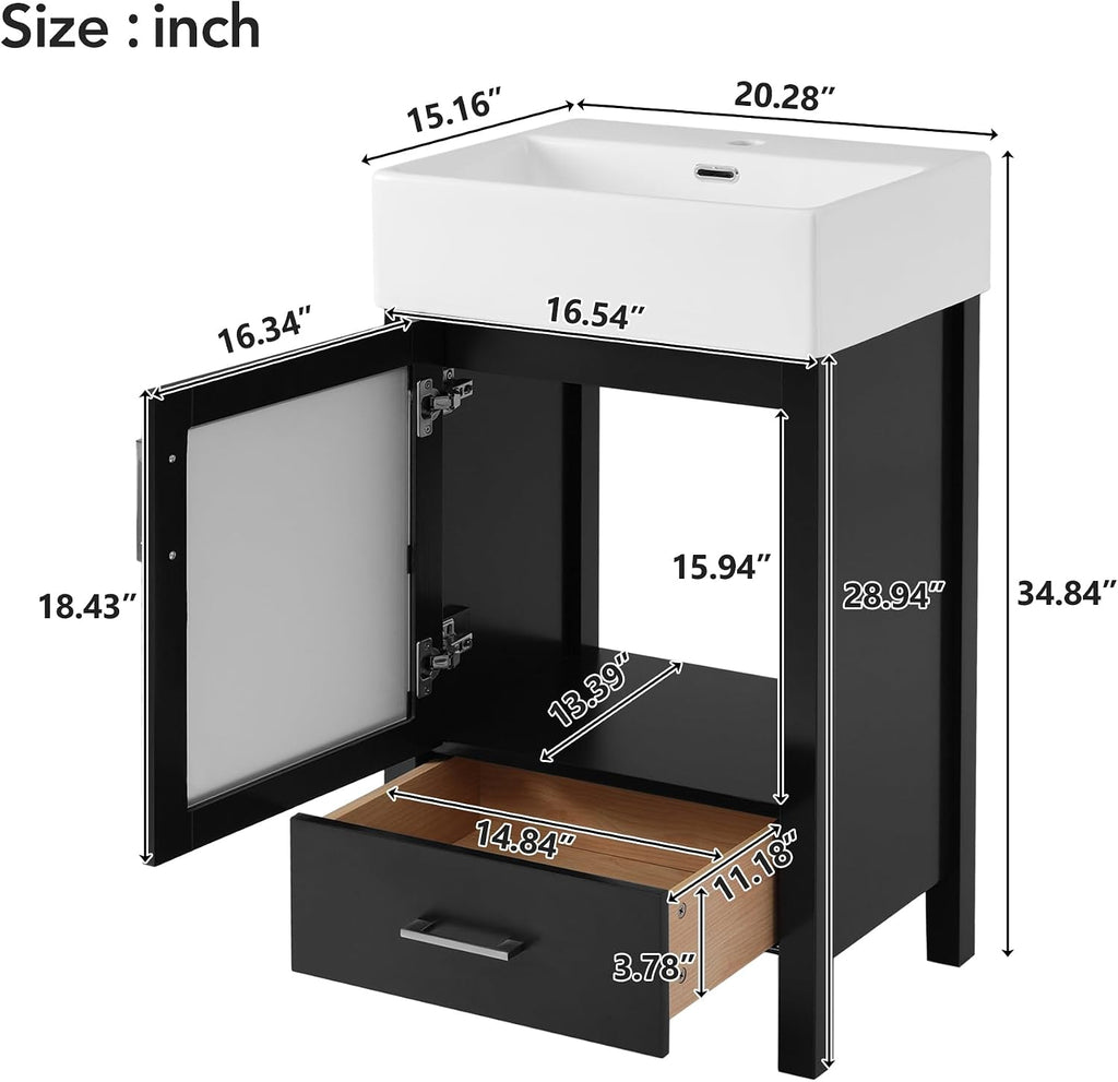 20-inch Bathroom Vanity with Sink Combo Set, Free Standing Single Storage Cabinet with Soft Closing Doors & One Drawer, Solid Wood Vanity Organizer with Ceramic Basin for Bathroom, Black