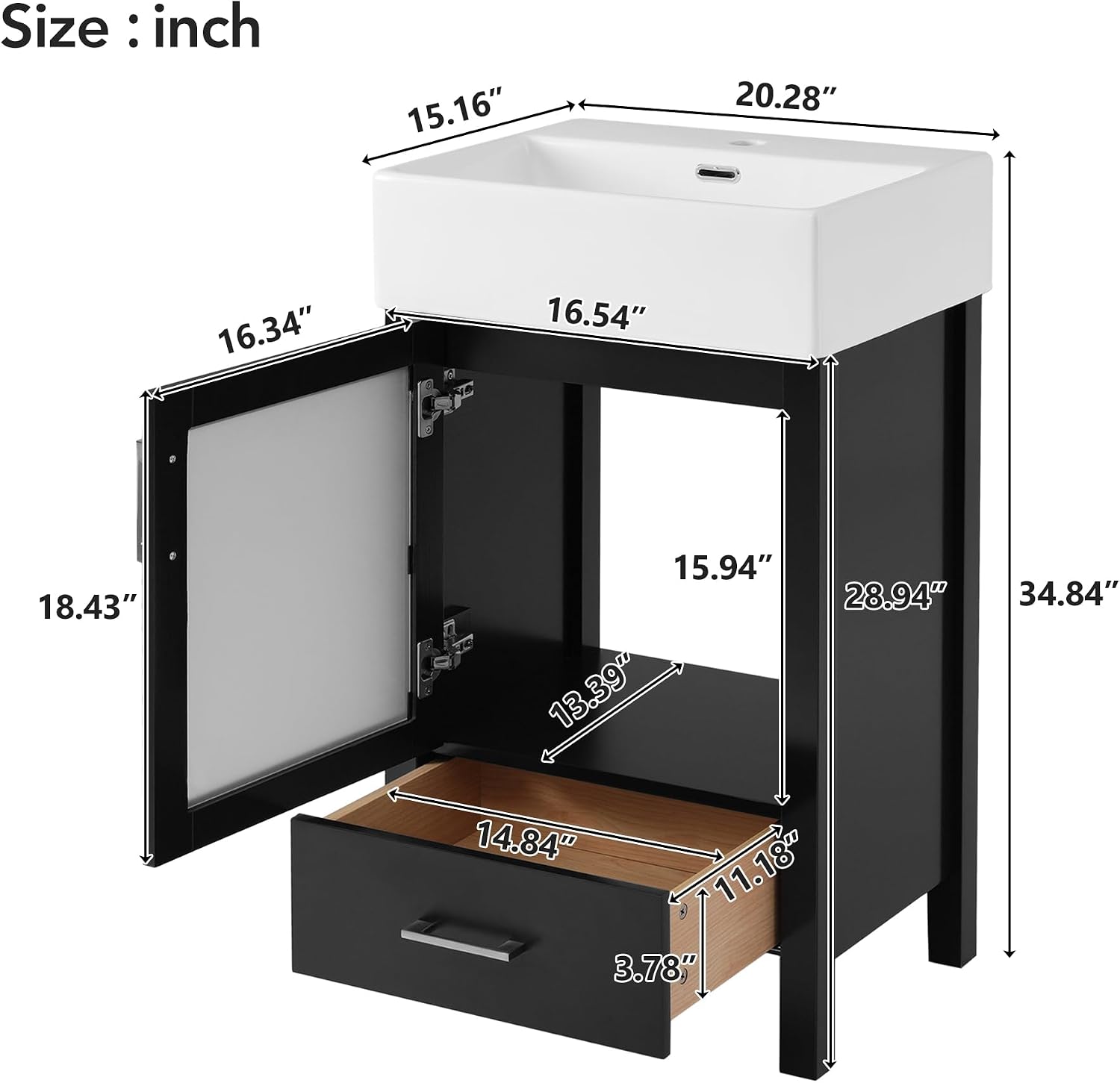 20-inch Bathroom Vanity with Sink Combo Set, Free Standing Single Storage Cabinet with Soft Closing Doors & One Drawer, Solid Wood Vanity Organizer with Ceramic Basin for Bathroom, Black