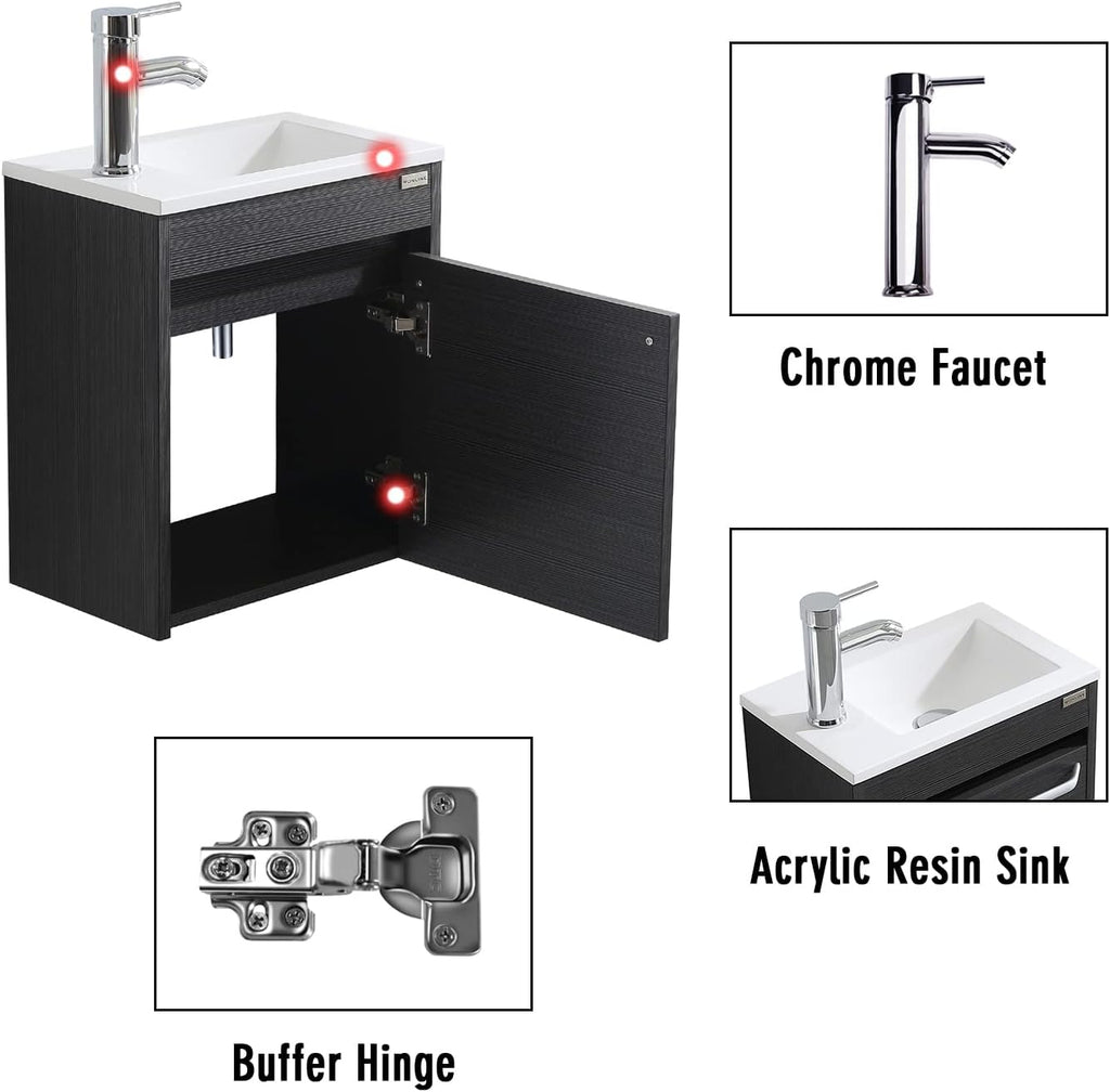 wonline 16' Bathroom Vanity Sink Combo for Small Space Black Wall Mounted Cabinet Set Design White Resin Basin Sink Top Chrome Faucet