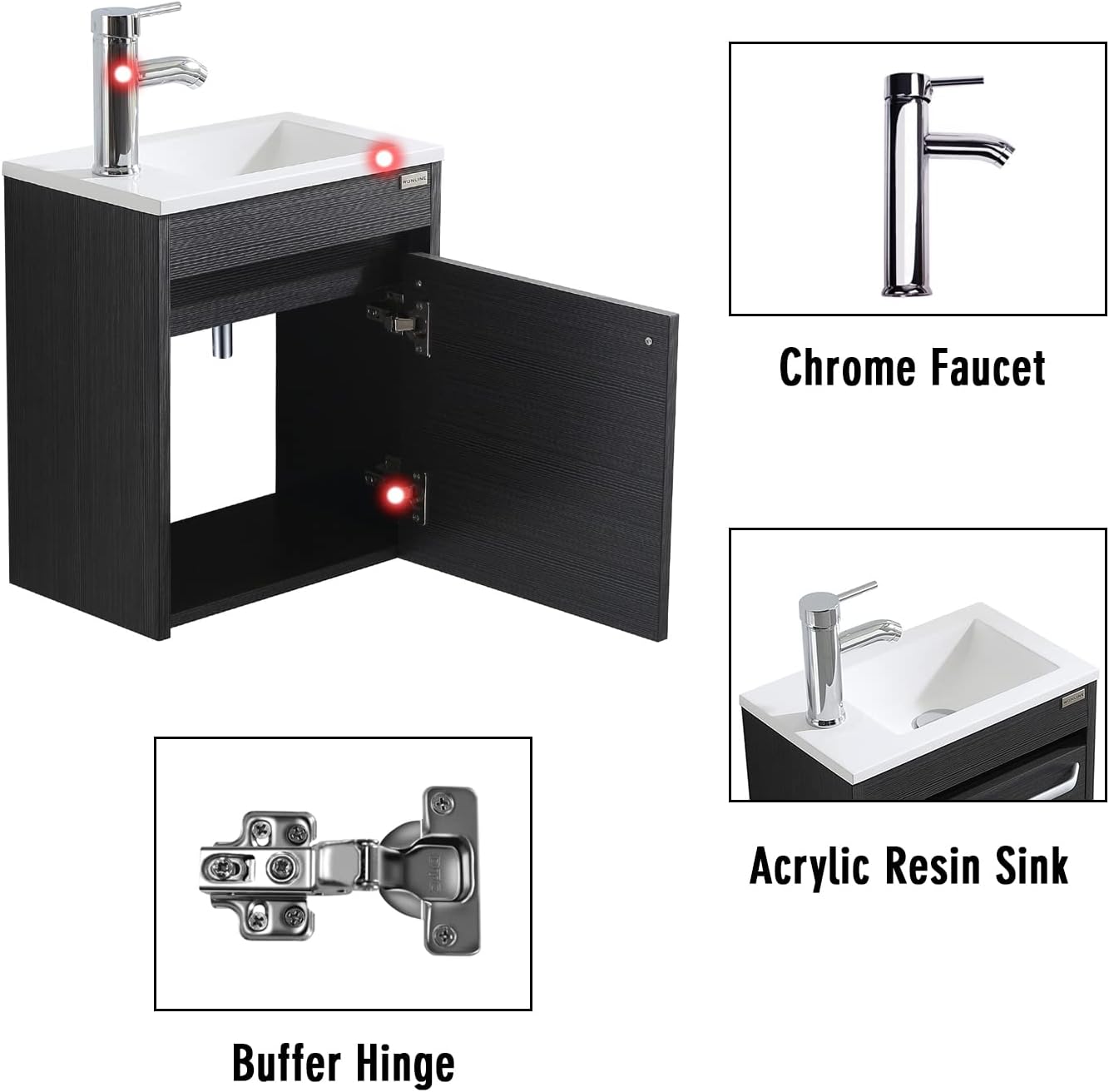 wonline 16' Bathroom Vanity Sink Combo for Small Space Black Wall Mounted Cabinet Set Design White Resin Basin Sink Top Chrome Faucet