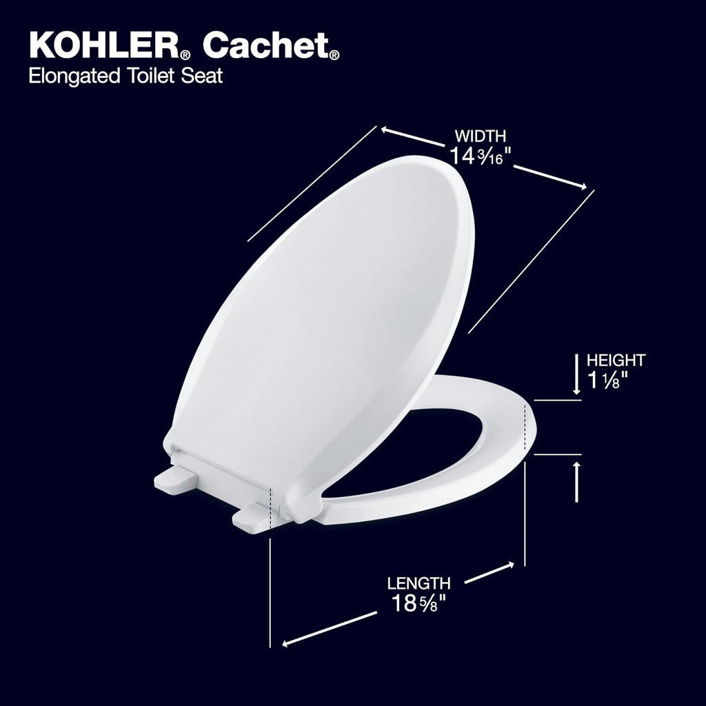 KOHLER K-4636-0 Cachet Elongated, Grip-Tight Bumpers, Quiet-Close Release Hinges, Quick-Attach Hardware, No Slam Toilet Seat, White