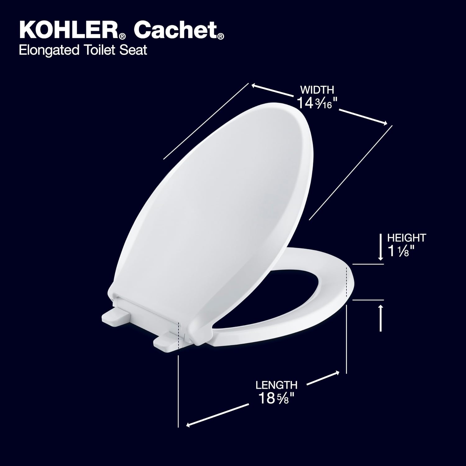 KOHLER K-4636-0 Cachet Elongated, Grip-Tight Bumpers, Quiet-Close Release Hinges, Quick-Attach Hardware, No Slam Toilet Seat, White