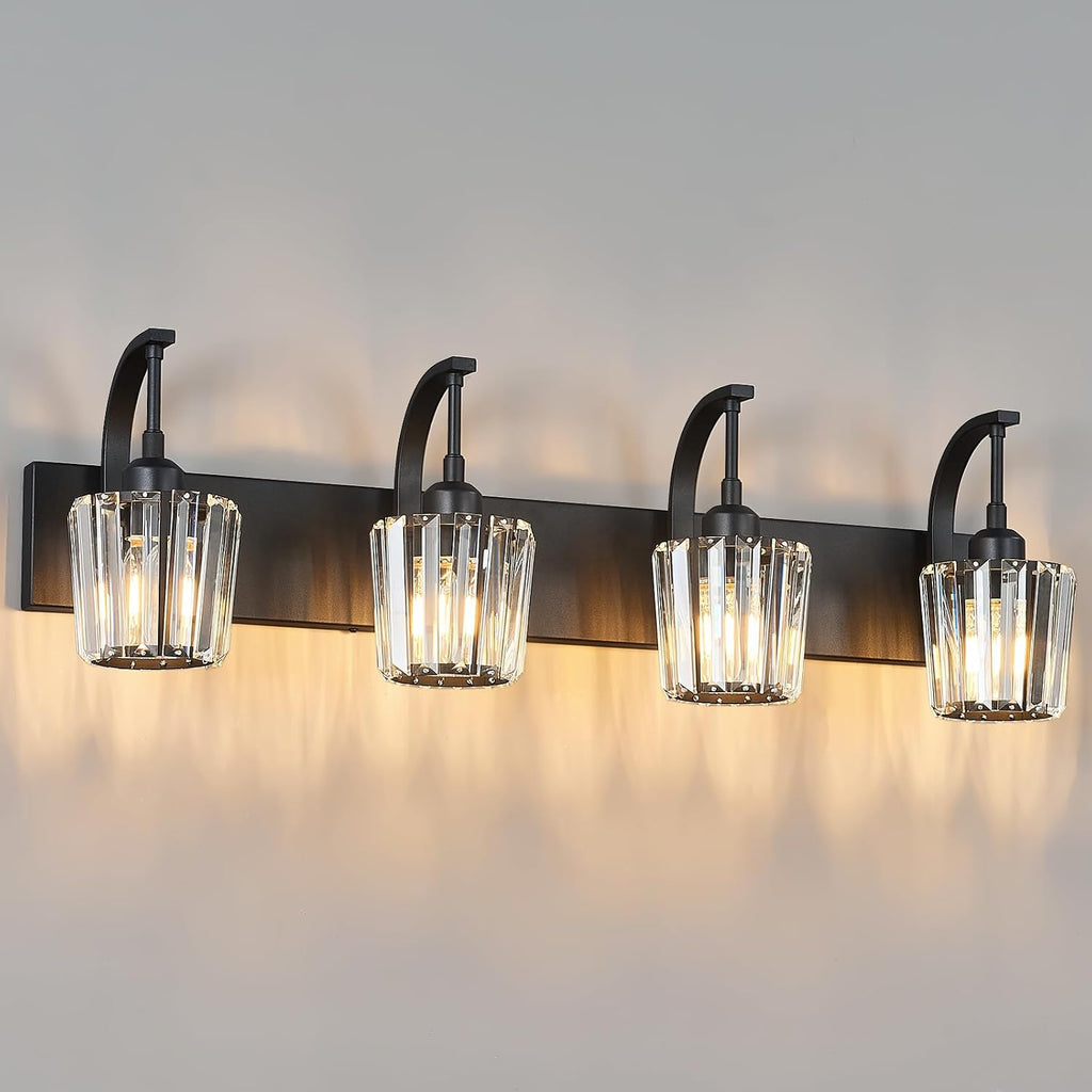 Modern Bathroom Vanity Light, 4-Light Black Wall Sconce with Crystal Accents, Over Mirror Bathroom Lighting Fixture, 32.67' Long Dimmable Vanity Lamp for Makeup, Easy Installation