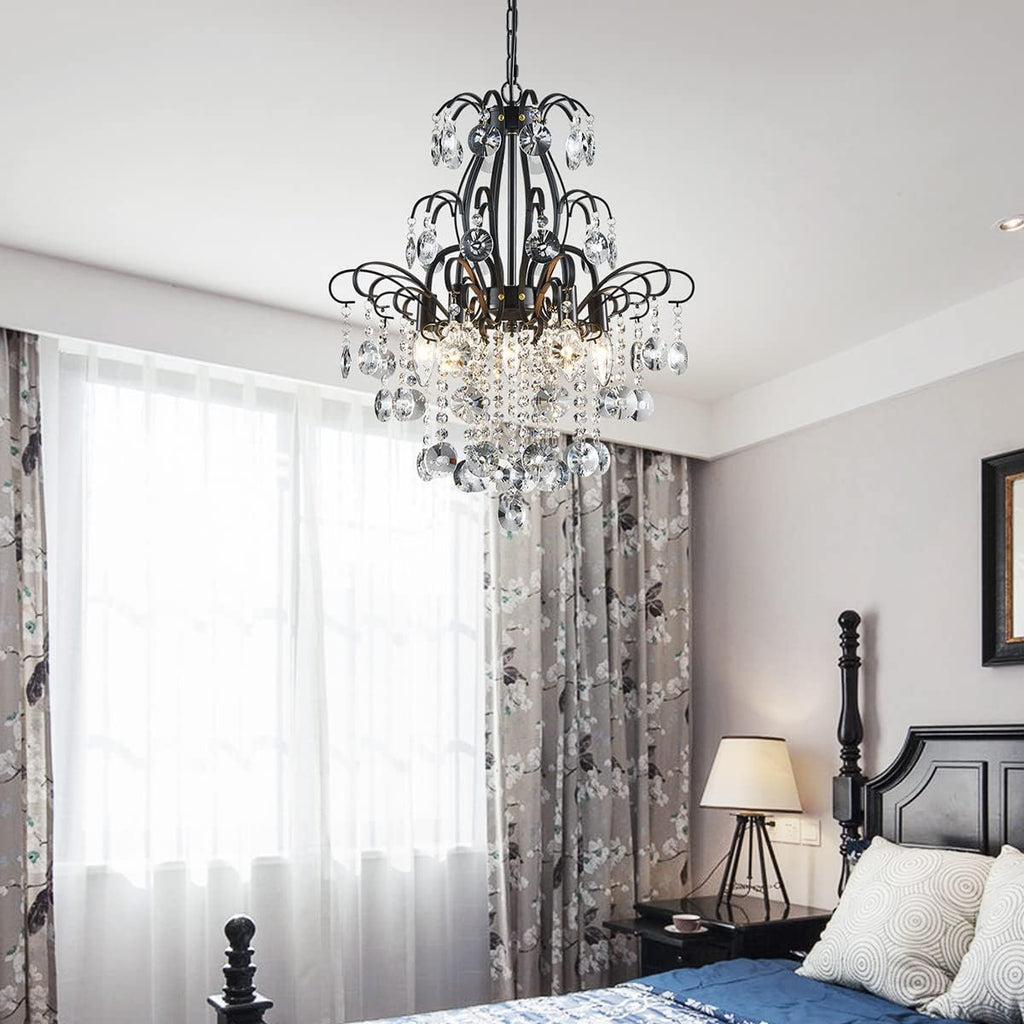 WUZUPS Crystal Chandelier 5-Light Pendant Ceiling Light Modern Lighting Fixture for Bedroom Hallway Bar Kitchen Bathroom, H 22.6'' x W 19.2'', E12 Base, Black