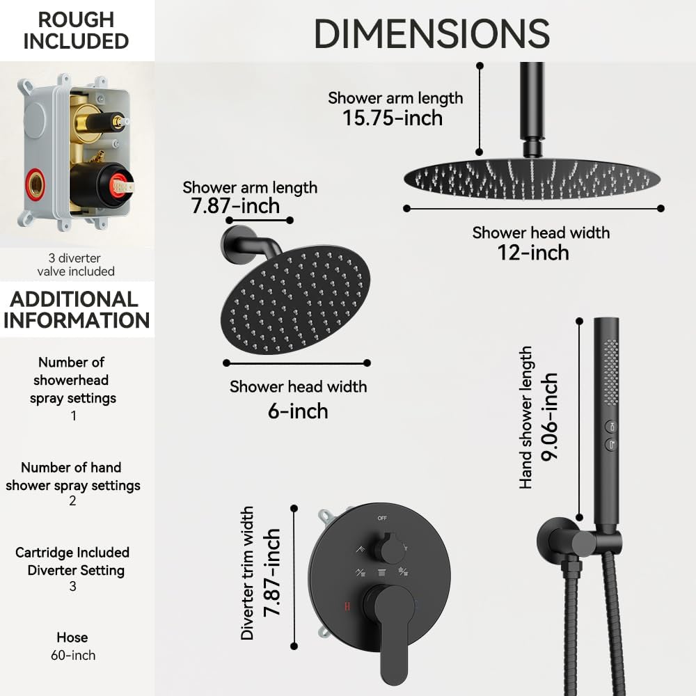 Shower Systems Shower Faucet Sets STARBATH 3 Way 12+6' Round Dual Rainfall Shower Head with Handheld Spray Combo, Ceiling Mounted Rain Shower Valve with 5 Diverter and Trim Kit Complete, Matte Black