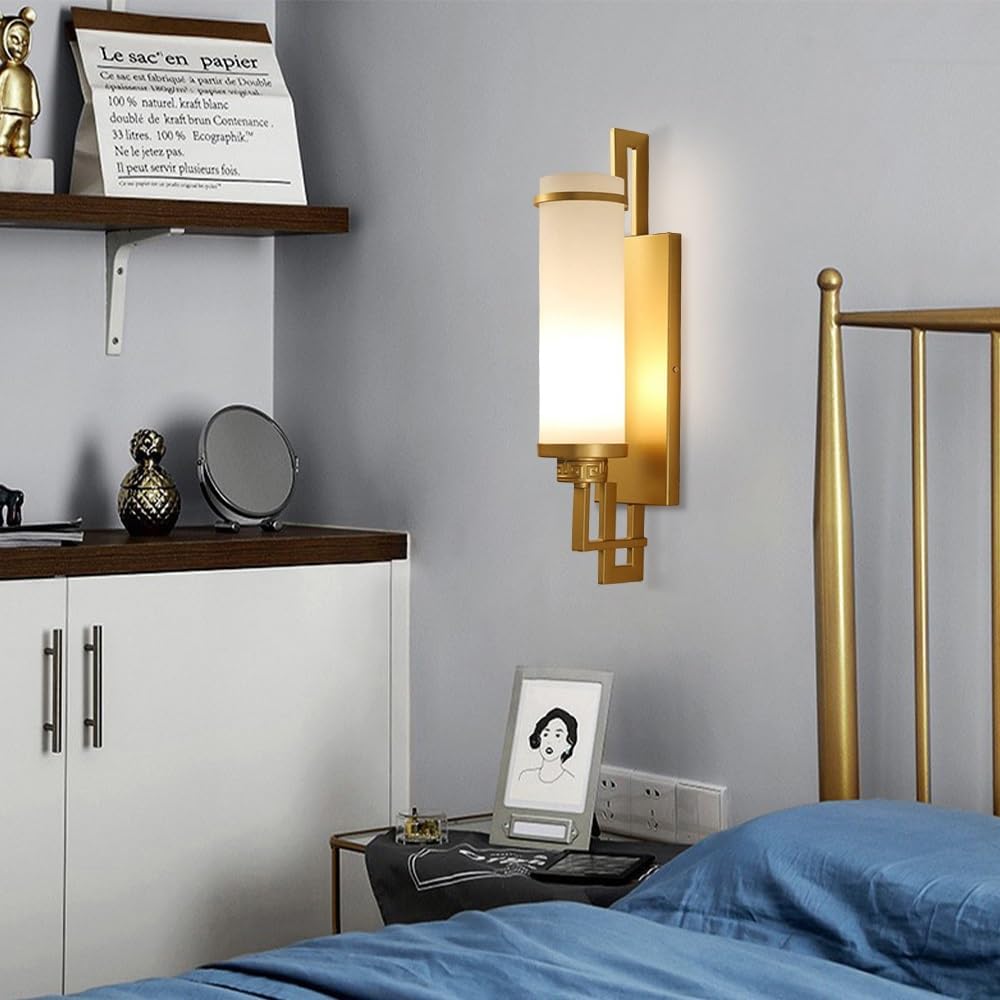 Antique Wrought Iron Metal Wall Light, Cylinder Glass Shade Sconce, Decorative E27 Fixture for Over Mirror, Bedroom, Bathroom & Entryway Hardwired Lights T-155(Gold)