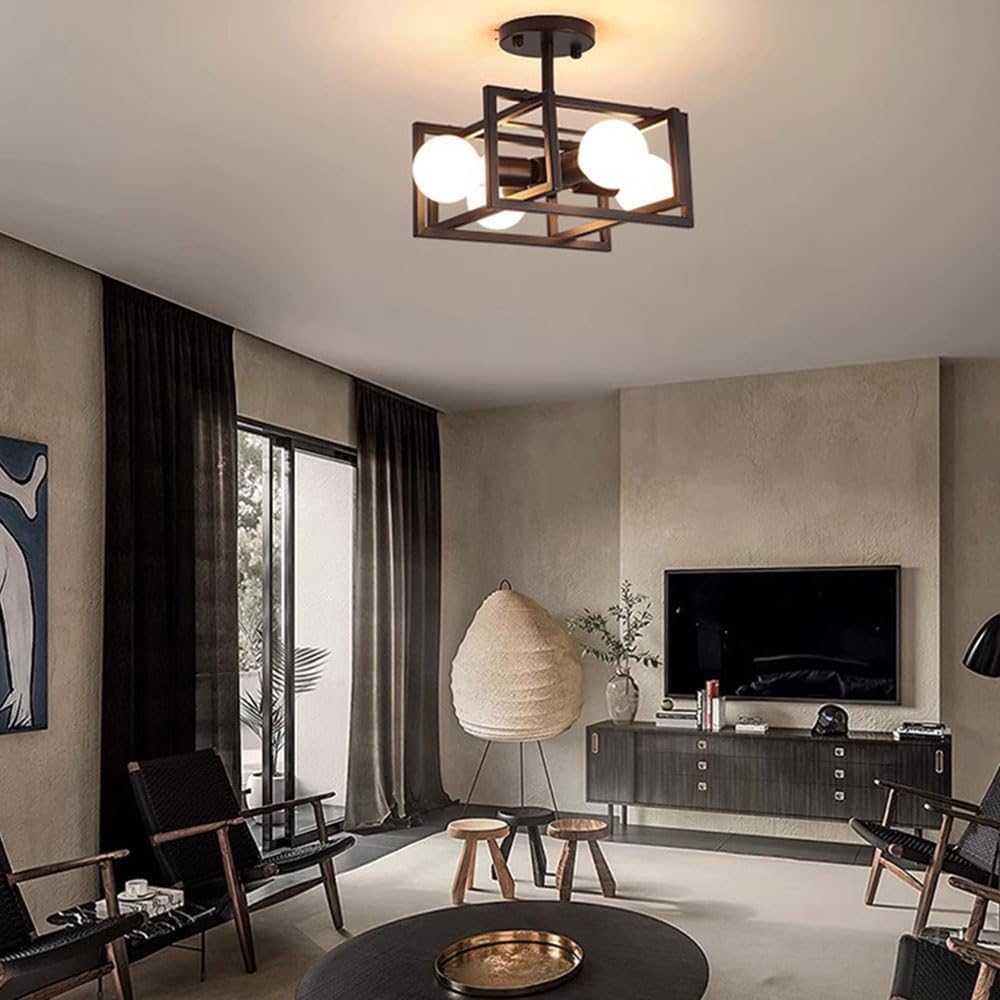 Modern Semi Flush Mount Ceiling Light Fixture Square Bathroom Ceiling Mounted Light Industrial Ceiling Lights in Black Finish Mid Century Semi Flush Mount Ceiling Light