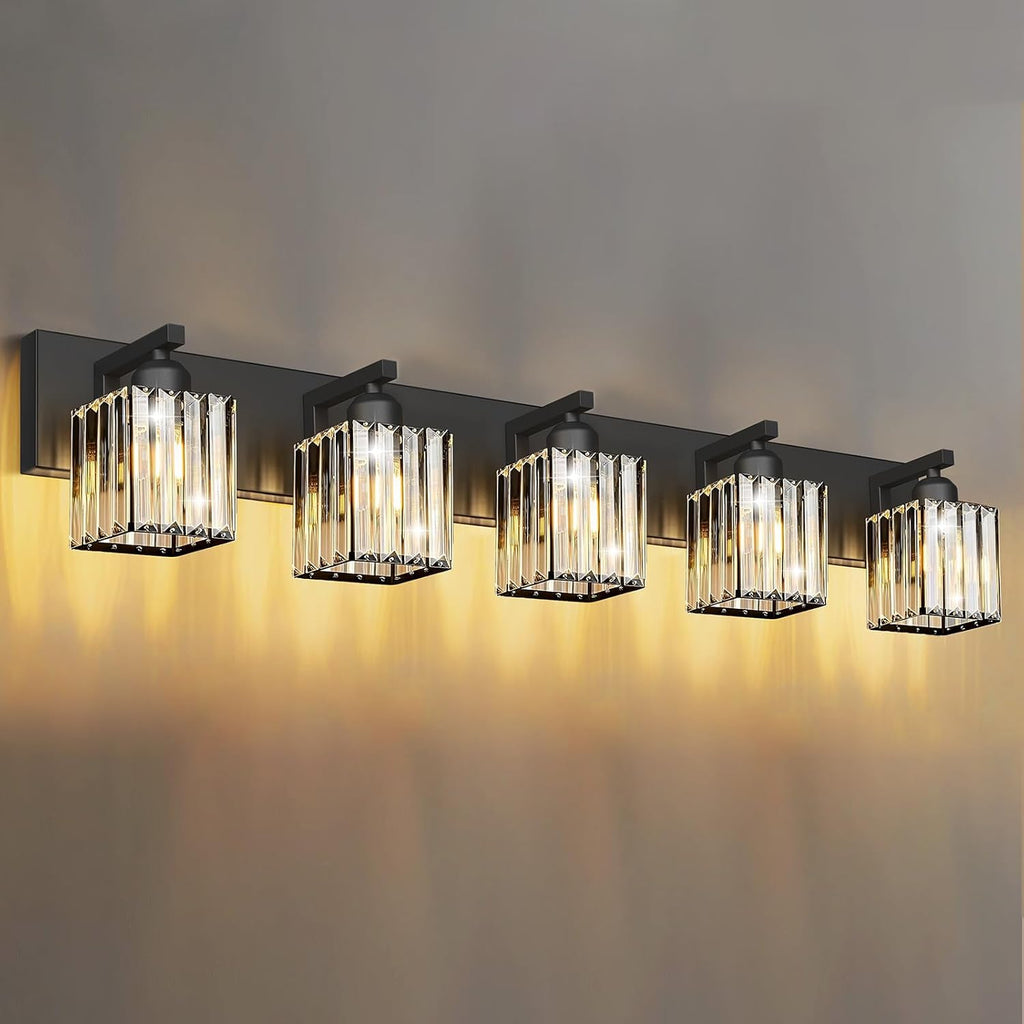 Black Crystal Bathroom Vanity Light, 5-Light Modern Bathroom Lighting Fixtures Over Mirror, Matte Black Wall Sconce Light Fixtures with Square Shade