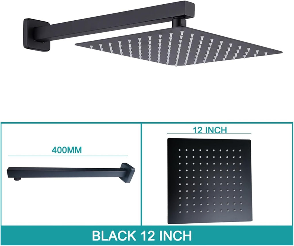 Square Wall Mounted Top Overhead Shower Bathroom Fixture Set Stainless Steel 8/10/11 Inch with Shower Arm Chrome Matt Black(Black 12 inch)