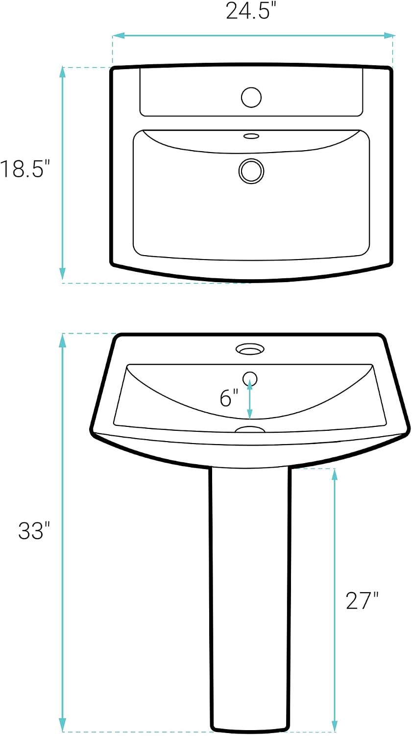 Sublime Square Two-Piece Ceramic Pedestal Bathroom Sink in Matte Black with Overflow, Single Faucet Hole, Standard 1.75 in Drain