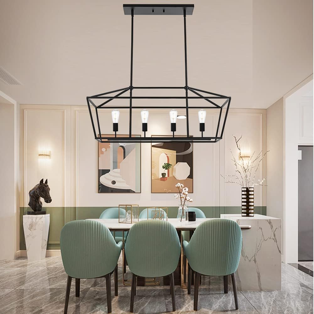 BONLICHT Kitchen Island Lighting 4 Lights in Matte Black Finish Farmhouse Chandelier Industrial Pendant Hanging Light Fixture for Dining Room Living Room Foyer