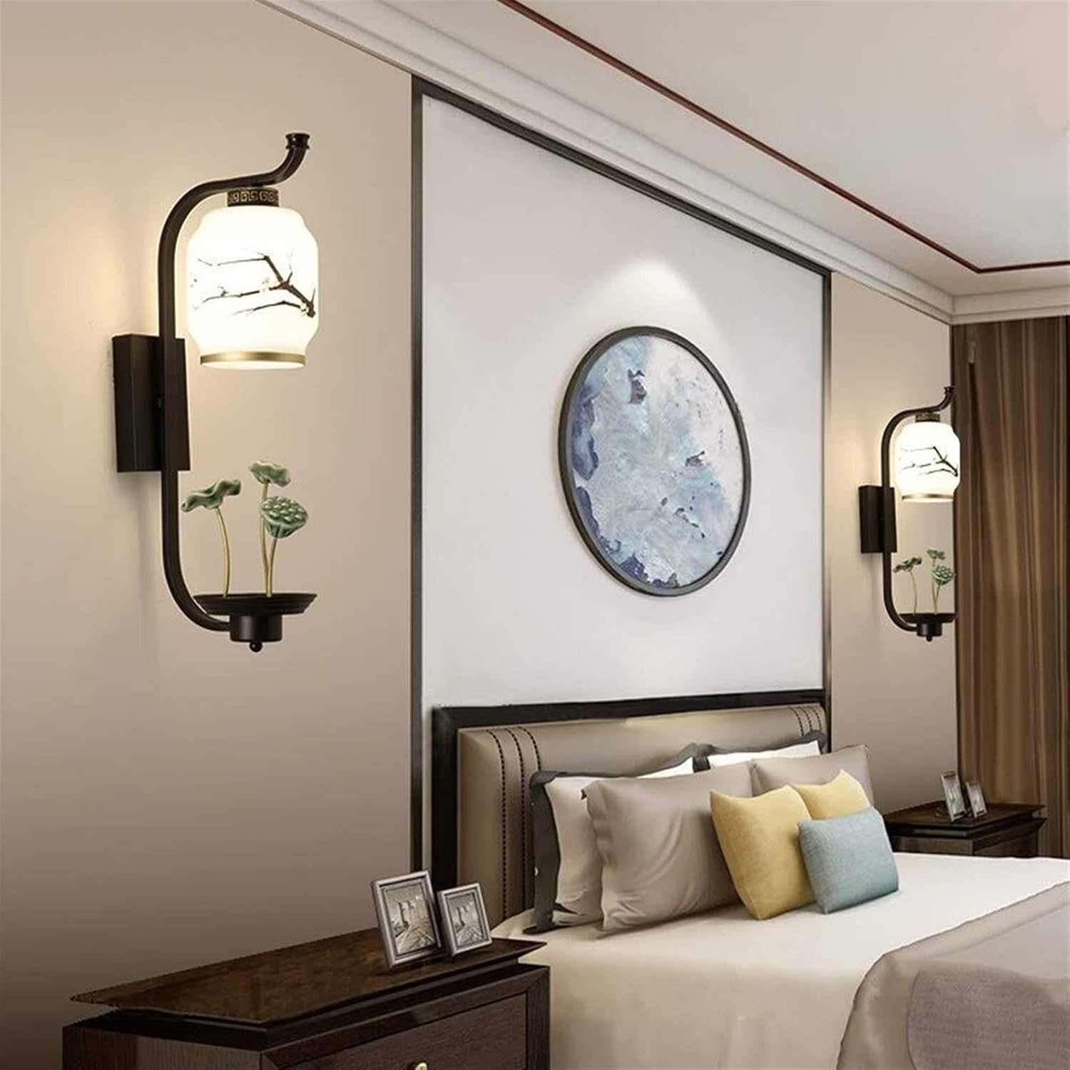 Modern Chinese Style Ceramic Lotus Simply Decorated Bedroom Bedside Lamp Wall Lamp Indoor Toilet Black Wrought Iron Fixtures Glass Lampshade 1 Light Source Aisle Stairs Corridor Wall Lamp 58 * 25c