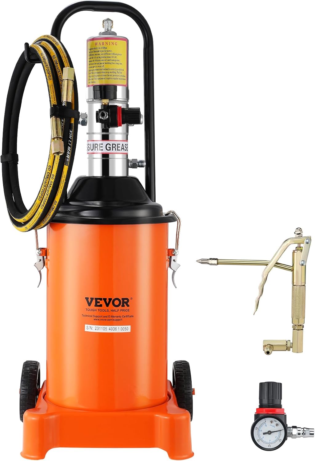 VEVOR Grease Pump, 3 Gallon Air Grease Pump with 13 ft High Pressure Hose and Grease Gun, 12L Pneumatic Grease Pump with Wheels, Portable Lubrication Grease Pump