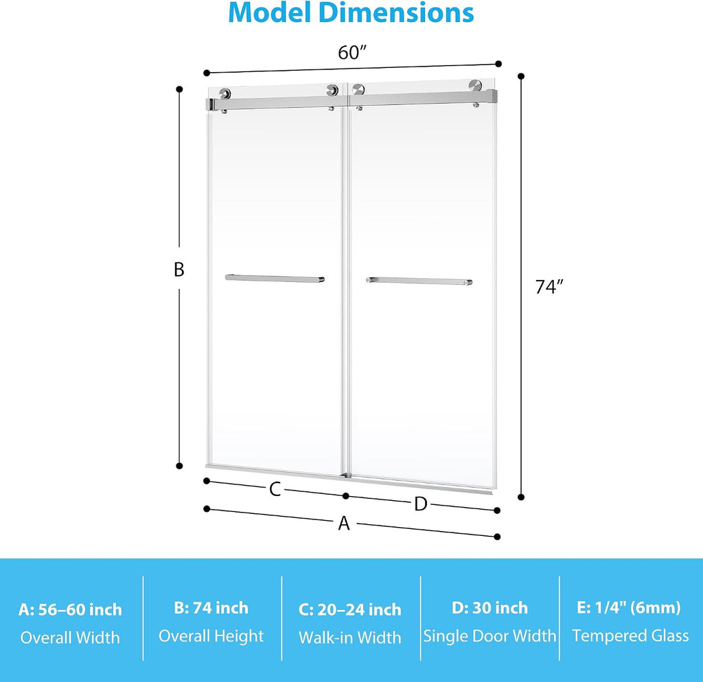 Frameless Double Sliding Shower Door 56–60 × 74 Inch – Bypass Glass Shower Door with 6mm Tempered Glass, Square Stainless Steel Rail, Brushed Sliver