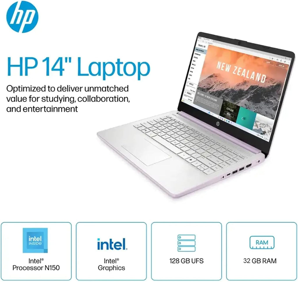 HP 2025 New Student Business Laptop, Intel N150 CPU(Beats N4120), 14in LED Screen, 16GB RAM, 128GB UFS+256GB MSD Storage, Wi-Fi 6, Copilot AI,Windows 11 Pro, Honey Lavender