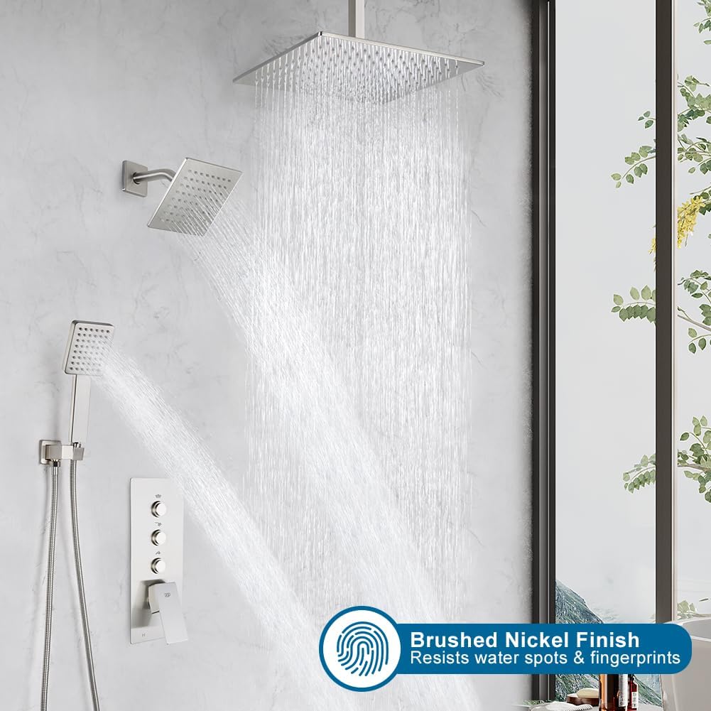 Shower Faucet Set Brushed Nickel Bathroom Rainfall Shower System, 12 Inch Ceiling Mount Shower Head with 6 Inch Wall Mount Shower Head, Include Shower Valve and Trim Kit
