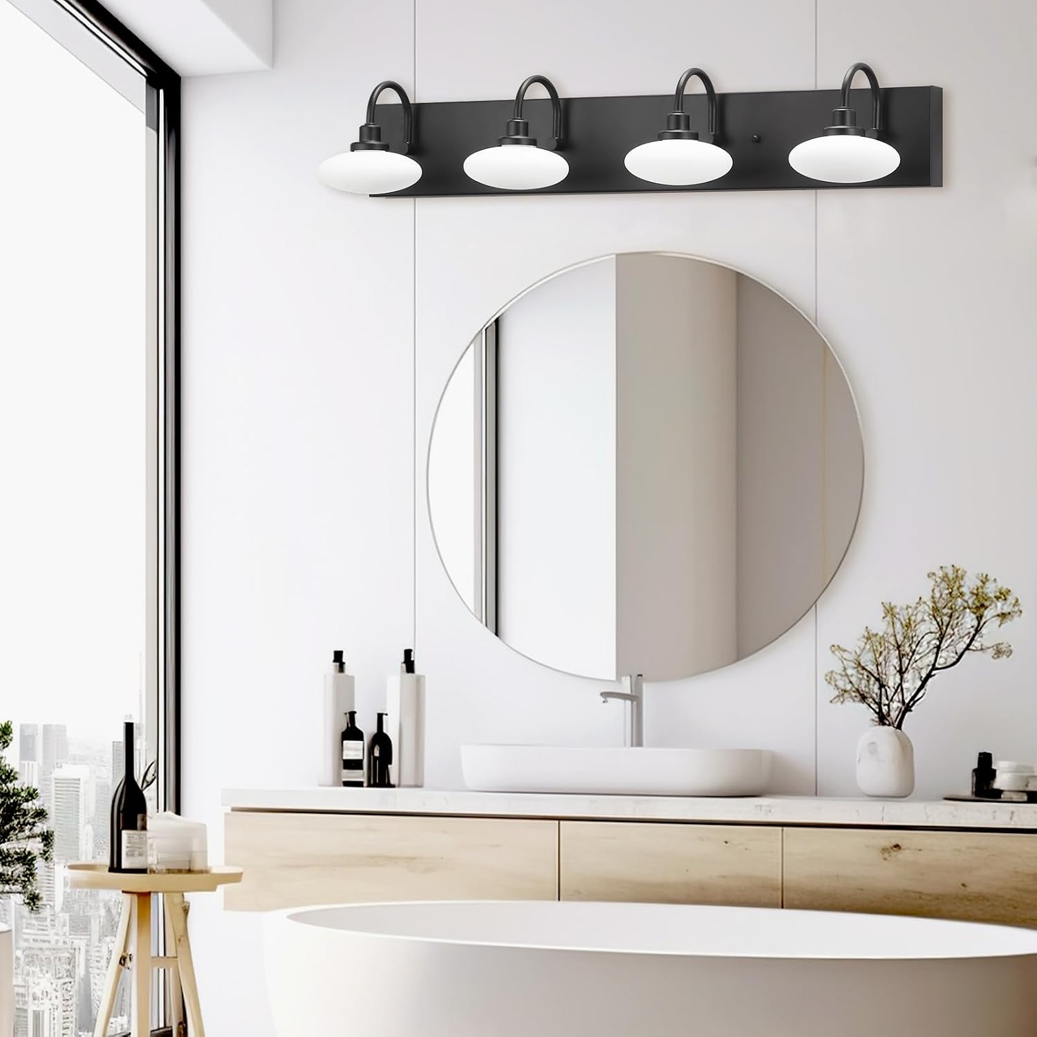 Matt Black LED Vanity Light Fixture - 4-Light Wall Sconce for Bathroom Over Mirror, Modern Hallway Cloakroom Lighting, 3000K-6000K Selectable, Dimmable