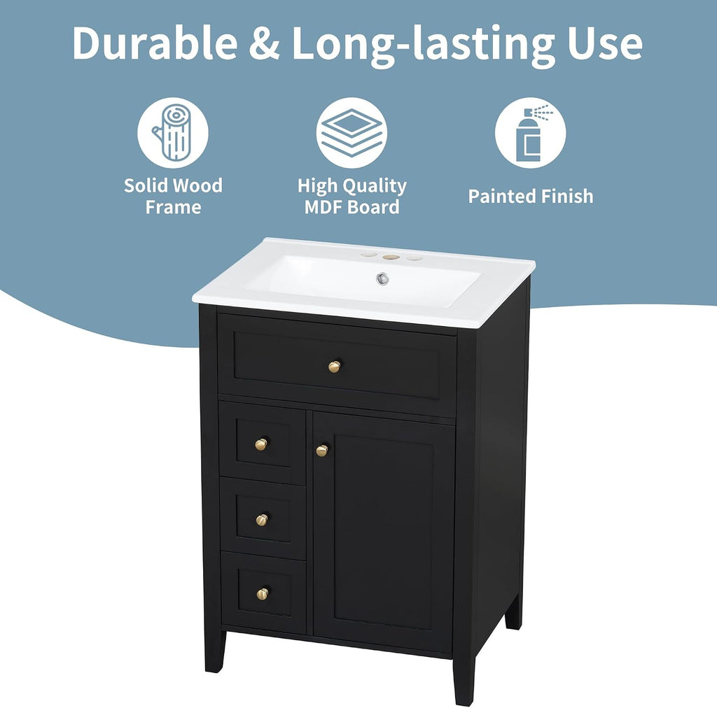 24-inch Bathroom Vanity with Sink Combo, Free-Standing Single Storage Cabinet with Tilt-Out Drawer, 3 Drawers, Adjustable Shelf & Storage Rack, Vanity with Ceramic Basin for Bathroom (Black)