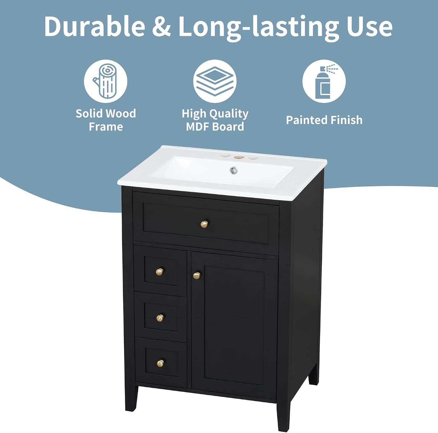 24-inch Bathroom Vanity with Sink Combo, Free-Standing Single Storage Cabinet with Tilt-Out Drawer, 3 Drawers, Adjustable Shelf & Storage Rack, Vanity with Ceramic Basin for Bathroom (Black)