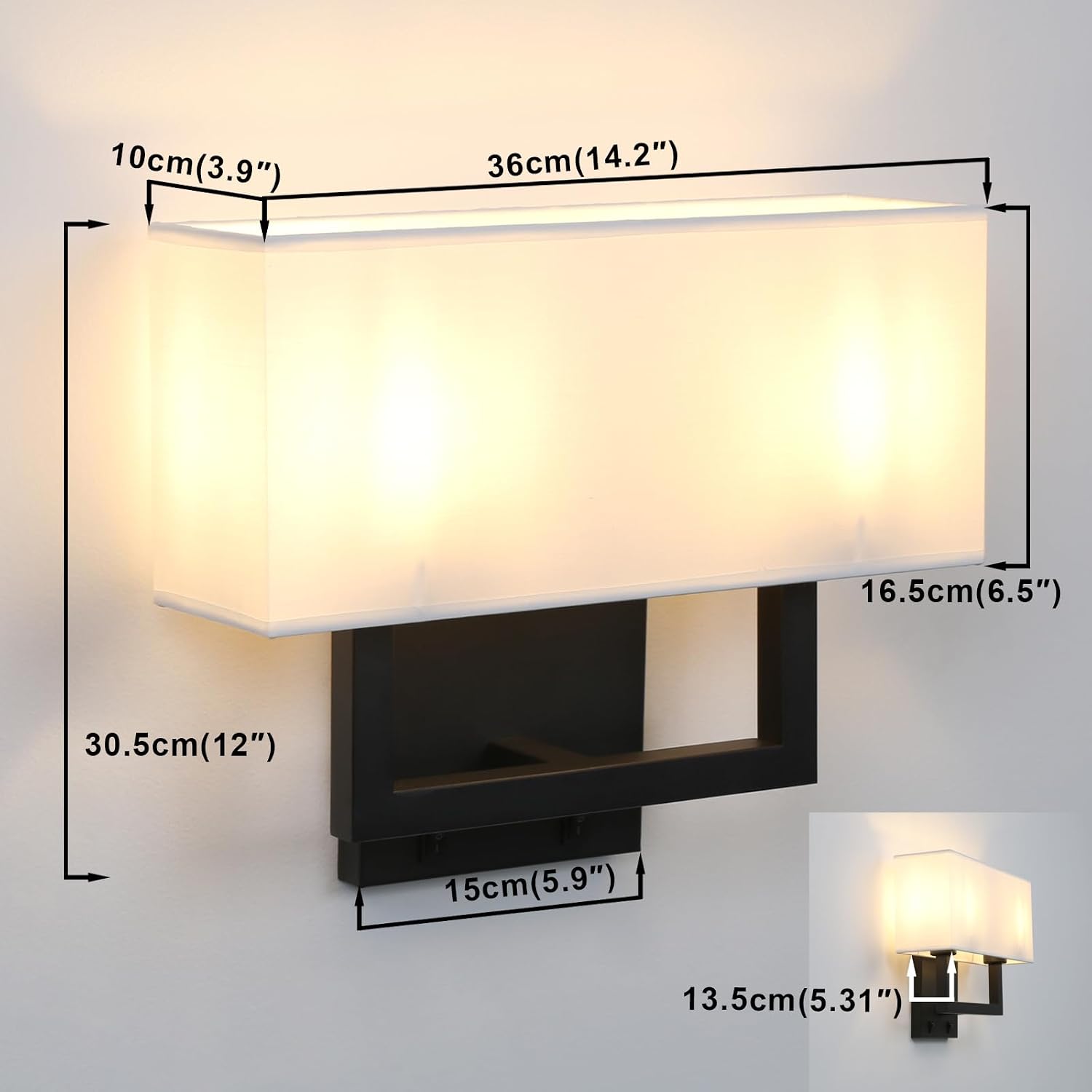 Yosoan Set of 2 Indoor Bedside Wall Sconce with On Off Switch, Modern Boho Interior Finish Brass 2-Light Vanity Vintage Industrial with Square White Fabric Shade for Reading Room Hallway(Black)