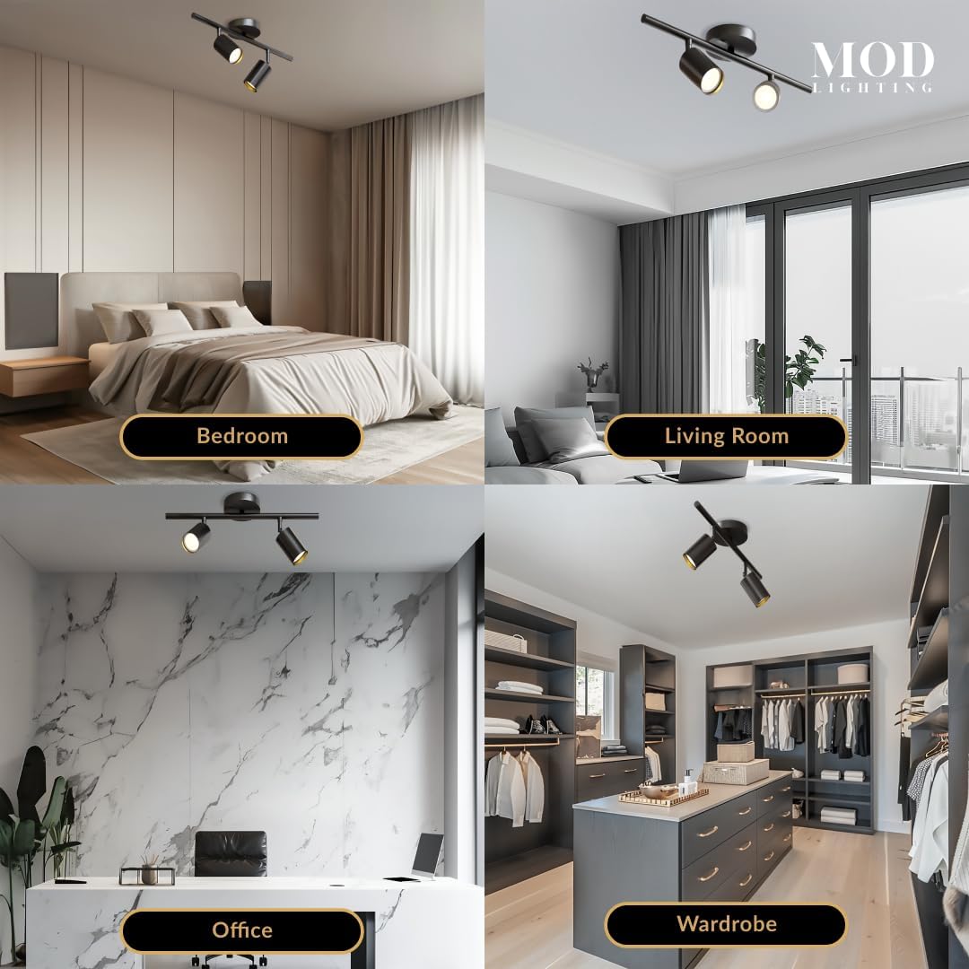 MOD LIGHTING Harris | Modern Track Lights LED, Indoor Ceiling Light Fixture for Living Room, Kitchen Island Ceiling Lighting, Solid Brass Light Fixture (Βlack | Warm White | 2 Lights)