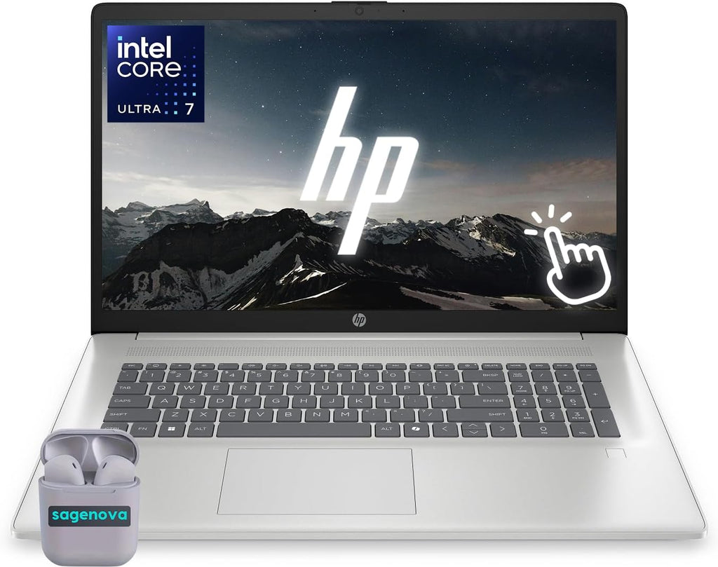 HP Touchscreen 17.3' Business Laptop Computer, Windows 11, 64GB RAM 2TB SSD, Intel Core Ultra 7 255U, HD+ Display, Fingerprint Reader, Backlit Keyboard, SageNova Earphones, Silver