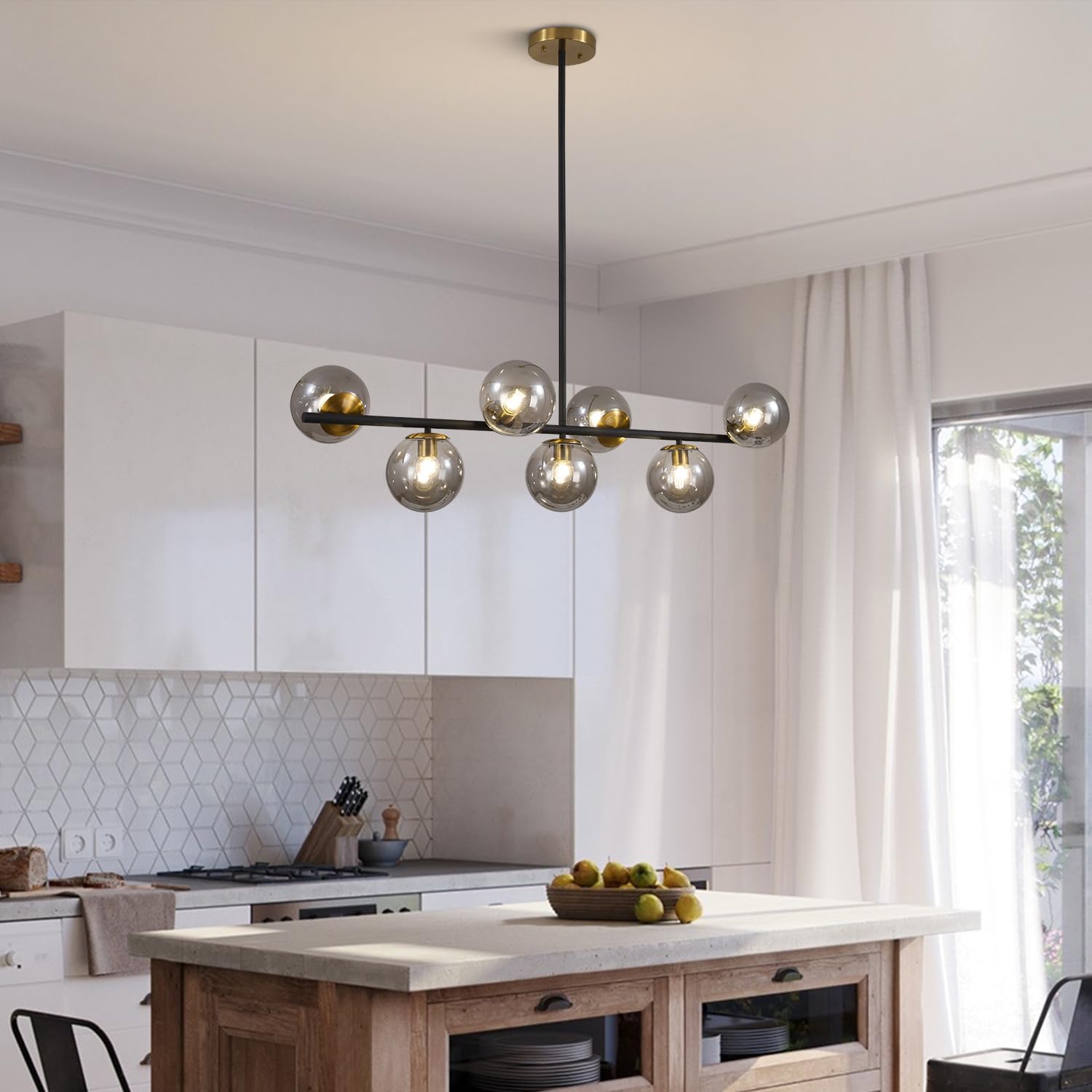 KCO Lighting Black and Gold Linear Kitchen Pendant Lighting Mid Century Modern Chandelier 7-Light Smoke Glass Globe Chandelier Vintage Dining Room Light Fixtures