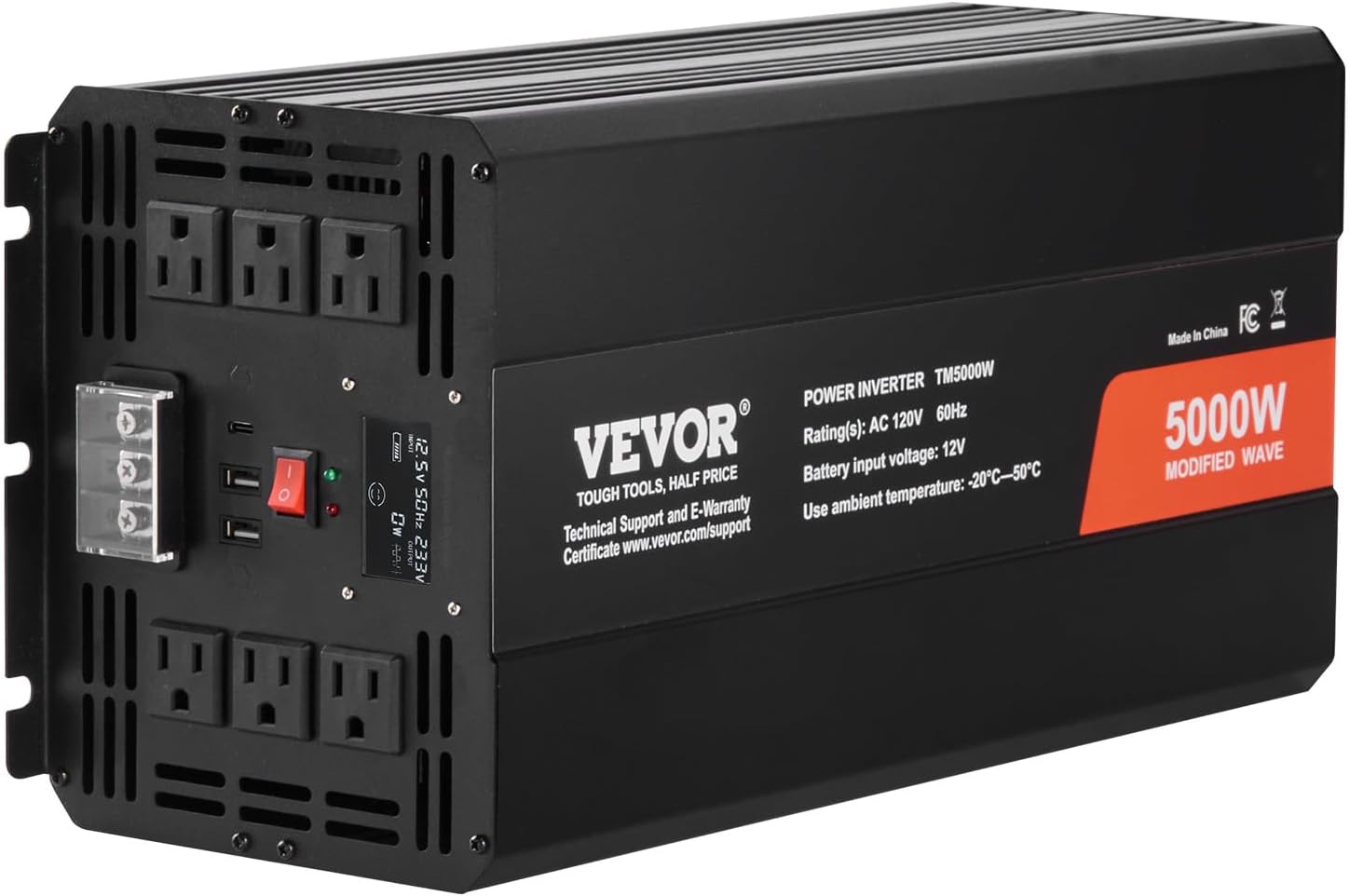 VEVOR Modified Sine Wave Inverter, 5000W, DC 12V to AC 120V Power Inverter with 6 AC Outlets 2 USB Port 1 Type-C Port, LCD Display and Remote Controller for High Load Home Appliances, CE FCC Certified