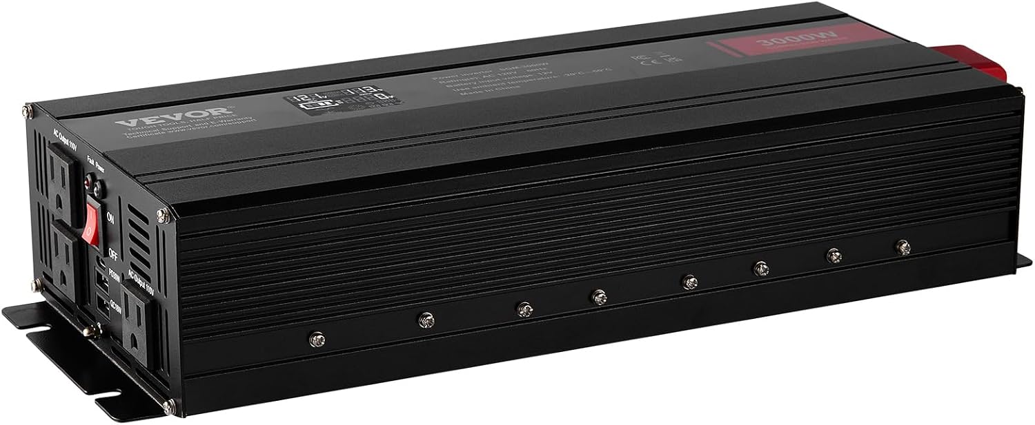 VEVOR Modified Sine Wave Inverter, 3000Watt, DC 12V to AC 120V LCD Display Power Inverter with 3 AC Outlets 2 USB Port 1 Type-C Port 10 Spare Fuses, for Large Household Equipment, CE FCC Certified