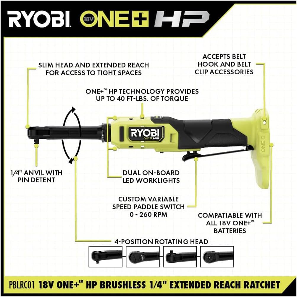 RYOBI ONEAND HP 18V BRUSHLESS Cordless 1/4 in. Extended Reach Ratchet Tool ONLY PBLRC01B