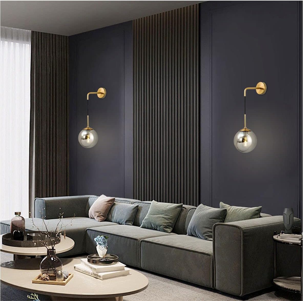 BOKT Mid Century Modern Wall Sconce Set of Two Gold Wall Sconce Light Smoke Gray Glass Round Wall Lighting Fixture Set of 2 Brushed Brass Minimalist Adjustable Bar Wall Lamp (Gold+Smoky Grey)