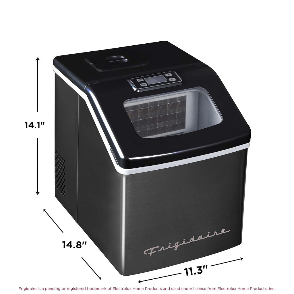 Frigidaire Ice Maker EFIC452, Countertop Stainless Steel Ice Maker with Transparent Window, Clear Ice Cube Maker with 40 lbs. Capacity, Ice Maker Machine – 14.8' D x 11' W x 14.1' H (Black)