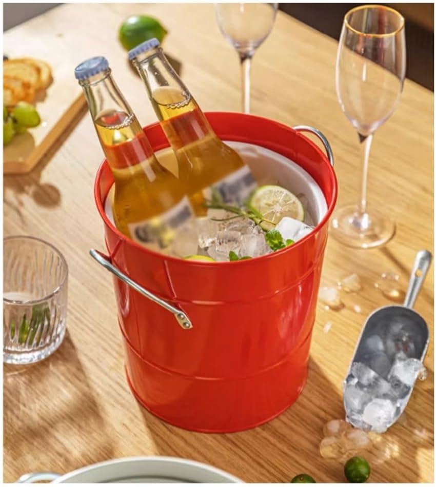 Ice Bucket 3.5 Liter Double Wall Ice Bucket Insulated Ice Buckets with Lid and Scoop Thickened metal Ice Buckets, Party Beverage Tub for Home Kitchen Parties Cocktail Bar(Red)