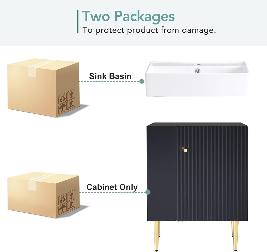 21.6-Inch Bathroom Vanity with Sink, Free Standing Vanity Cabinet with Storage Cabinet & Left Two-Tier Shelf, Solid Wood Bath Vanity Organizer with Ceramic Sink for Bathroom, Black