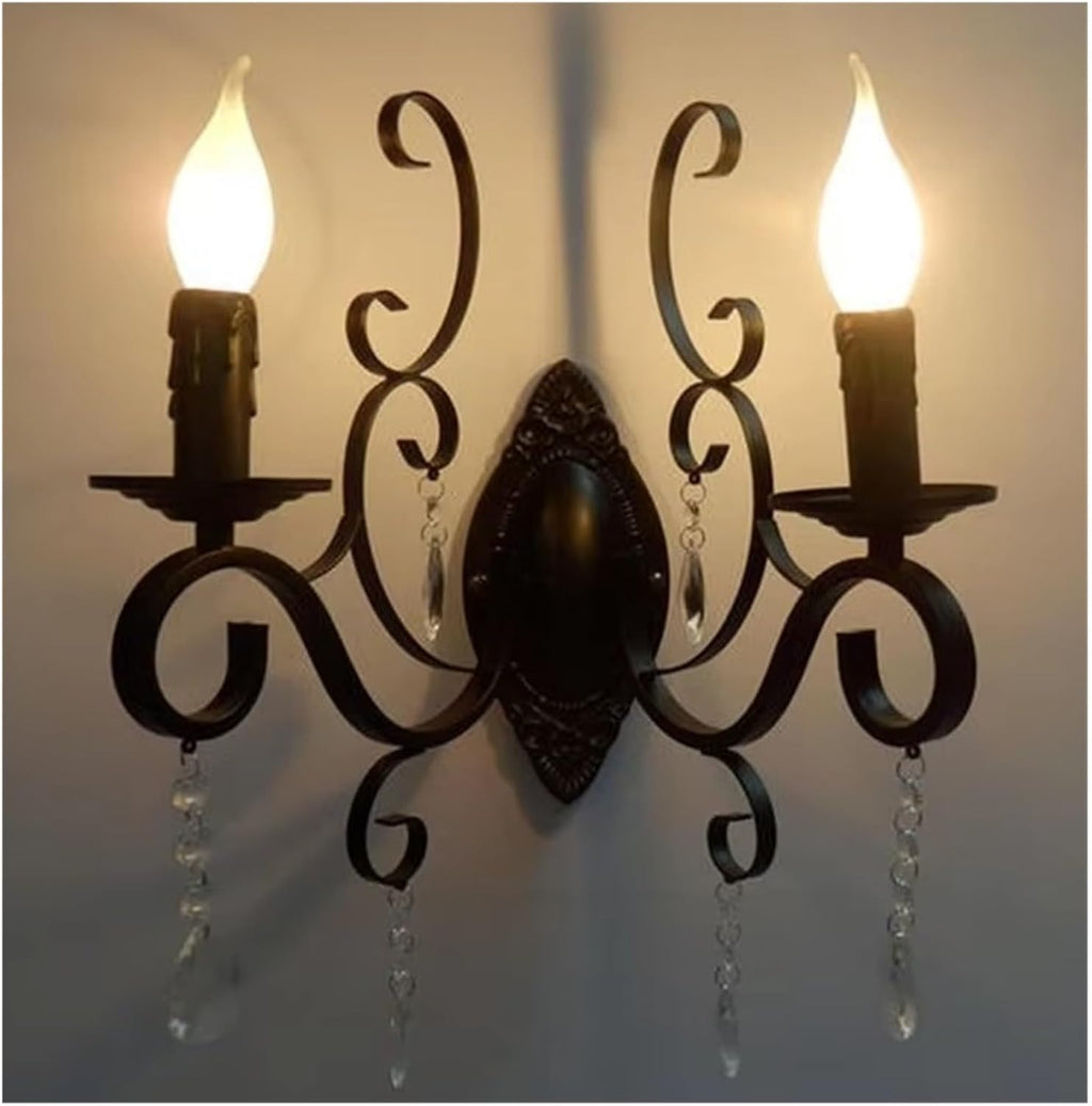 European Classic Vintage wall lamp Black Wrought Iron Body Crystal Deco Candle wall Light Fixture for Living Room Bedroom Stairs,Bathroom