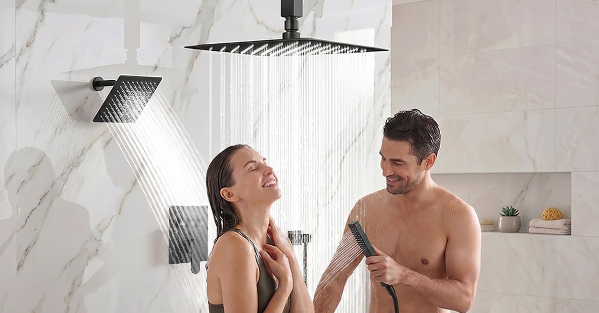 Shower Faucet Set Shower Systems, Push Button Diverter Shower Set for Two People,10'+6' Ceiling Mount Dual Rain Shower Heads with 2-in-1 Handheld Spray, Matte Black Shower Faucet Trim Kit