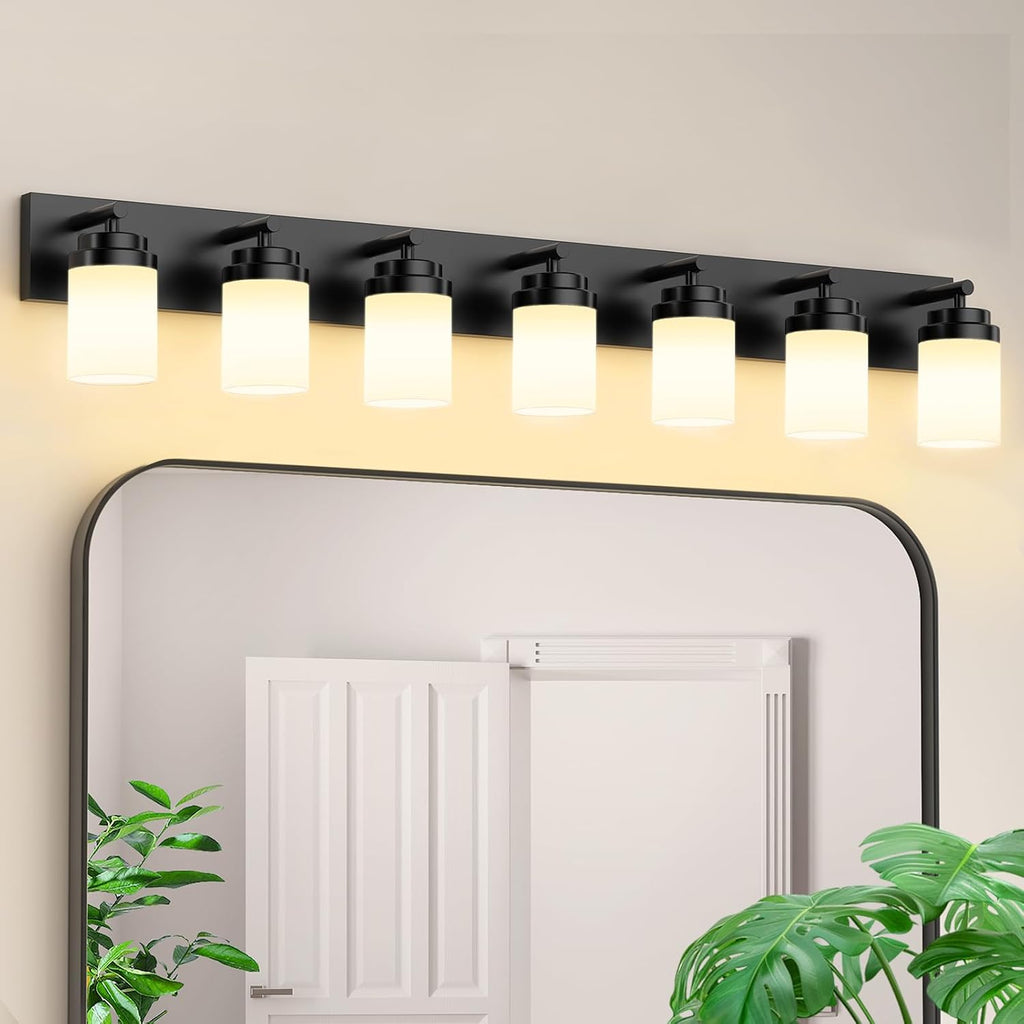 IZORRO Bathroom Vanity Light Fixture, 7-Light 52 inch Matte Black Bathroom Light Fixtures Over Mirror, with White Glass Shade, Modern Farmhouse Vanity Lights, Rustic Restroom Lighting Fixtures