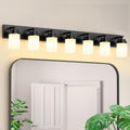 IZORRO Bathroom Vanity Light Fixture, 7-Light 52 inch Matte Black Bathroom Light Fixtures Over Mirror, with White Glass Shade, Modern Farmhouse Vanity Lights, Rustic Restroom Lighting Fixtures