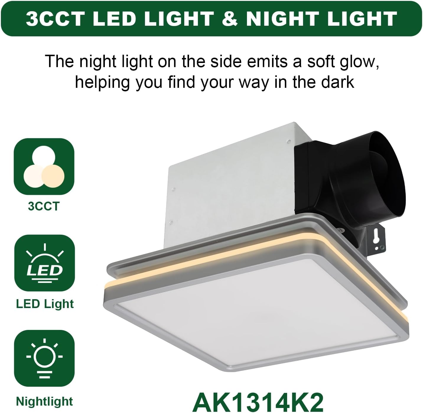 Akicon Bathroom Exhaust Fan with Light, 80CFM 2.0 Sones Powerful Bathroom Fan and Humidity Sensor Switch Combo, 3CCT LED Light and Nightlight Ventilation Fan for Home, Square, Sliver
