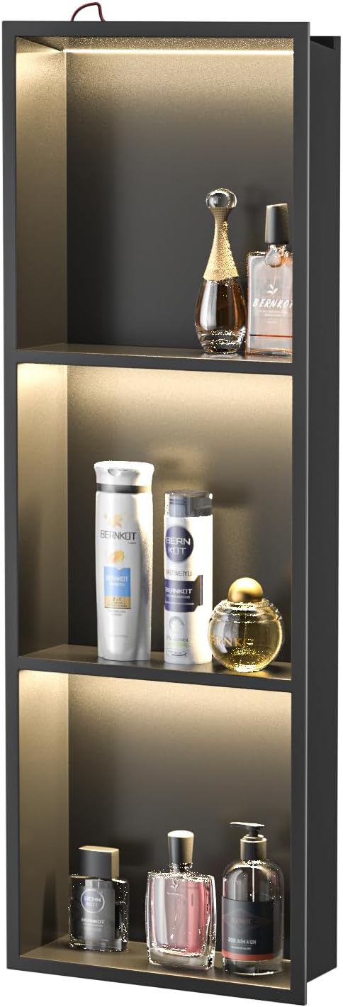 Stainless Steel Led Shower Niche Black 36' X 12' No Tile Needed | Recessed niche matte black w/ 3-tier shelf,Led driver UL listed,vertical niche,non-dimmable,3000K warm light IP66 waterproof